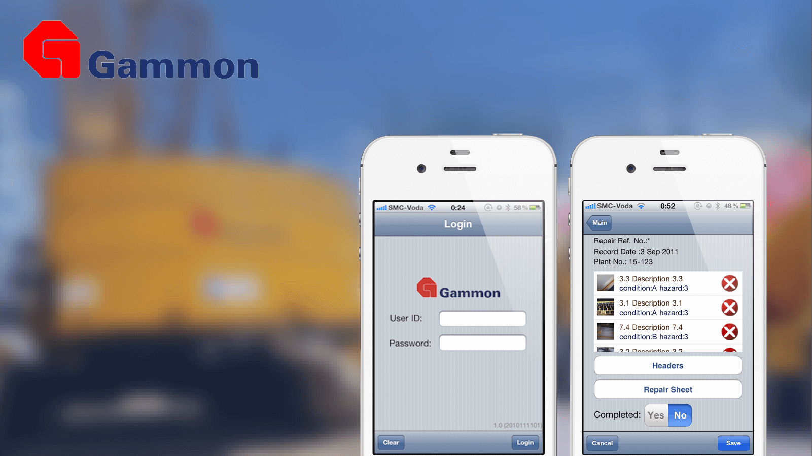 Gammon — Inspection & Repair application screens